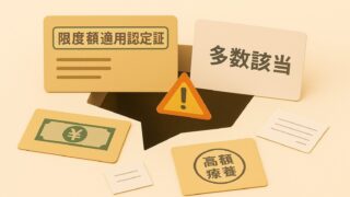 限度額適用認定証・多数該当・高額療養費の書類が落とし穴に落ちかけている様子を表現したイメージイラスト。医療費制度の見落としや注意点を示唆する構図。