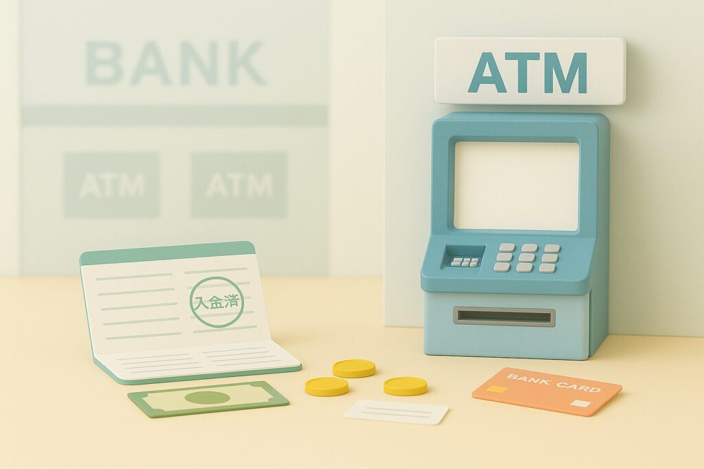 ATMでの振込・入金確認をイメージしたミニチュア風イラスト