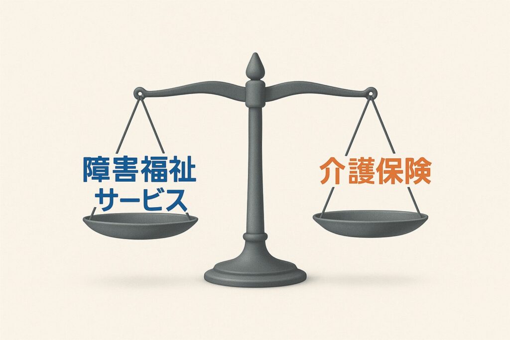 障害福祉サービスと介護保険制度を比較するイメージ。ミニチュアの天秤に制度名が並ぶ