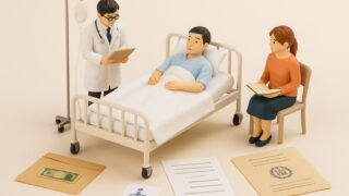 病室で制度の書類を確認する家族と医師のミニチュア。傷病手当・障害年金など4制度のイメージ
