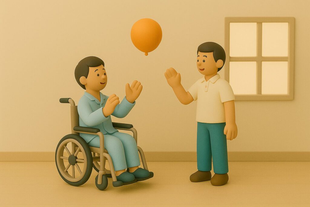 車椅子に乗った患者とリハビリ小ｋのミニチュア。風船バレーを通じて訓練する様子

