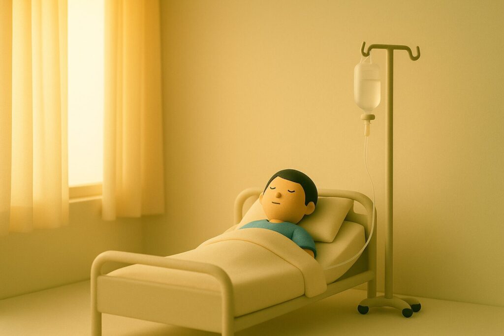急性期の病室で療養する男性患者のミニチュア。回復を祈る入院初期のイメージ