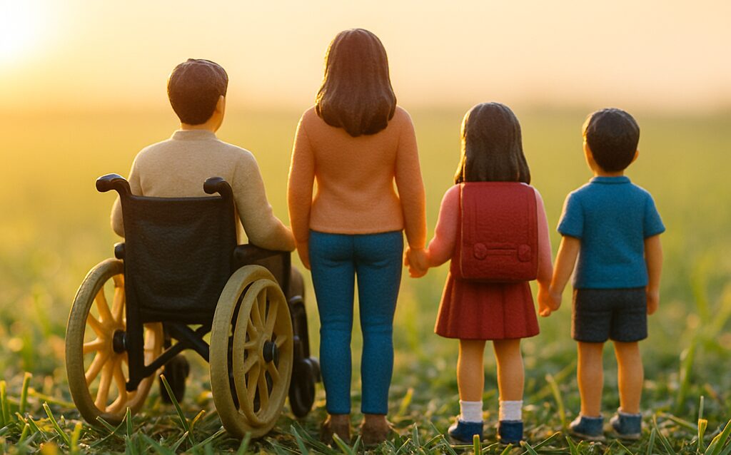 車椅子に座る家族と子どもたちが並ぶ後ろ姿。回復後の生活や支え合う家族の絆を象徴した暖かい写真