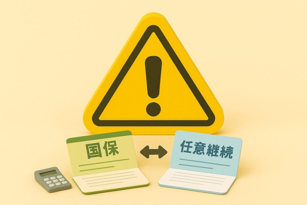 任意継続と国民健康保険の切り替えをイメージしたミニチュア風イラスト。中央に↔️矢印、背景には目立つ黄色と黒の注意マークが配置され、保険証カードが2枚並んでいる。