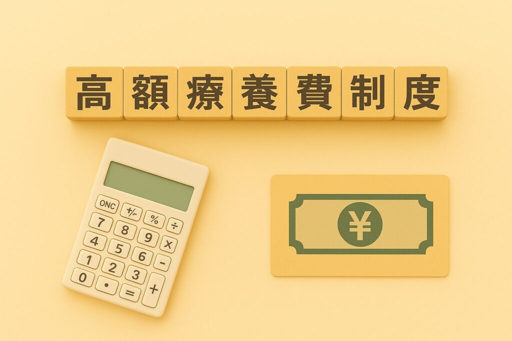 高額療養費制度の文字が並ぶウッドブロックと電卓、札束カードが配置されたミニチュア風のシンプルな構成