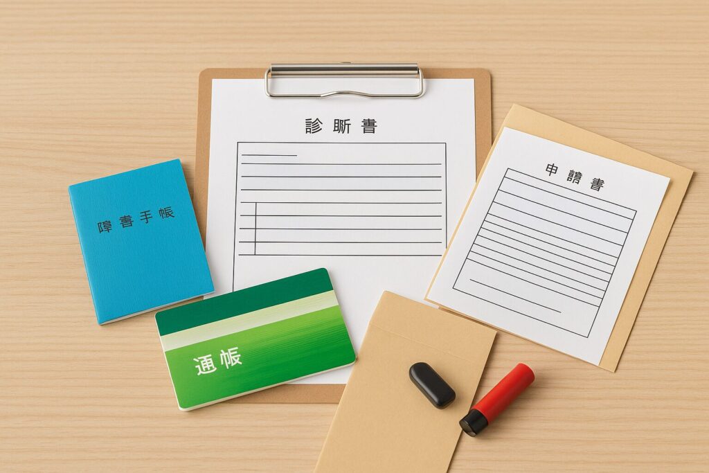 障害年金の申請に必要な書類を再現したミニチュア構成。診断書、障害者手帳、通帳、封筒、印鑑を配置