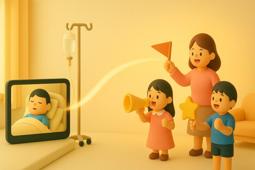 入院生活を支える家族の存在を表現したミニチュア。退院や回復に向けた見守りの場面

