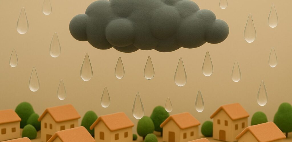 不安や混乱を象徴する雨雲と住宅地のミニチュア。家族の心理的ストレスを表現した模型


