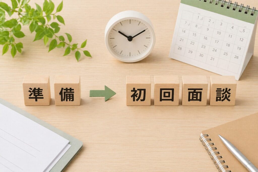 準備と初回面談と書かれた木製ブロックと時計とカレンダーとノート