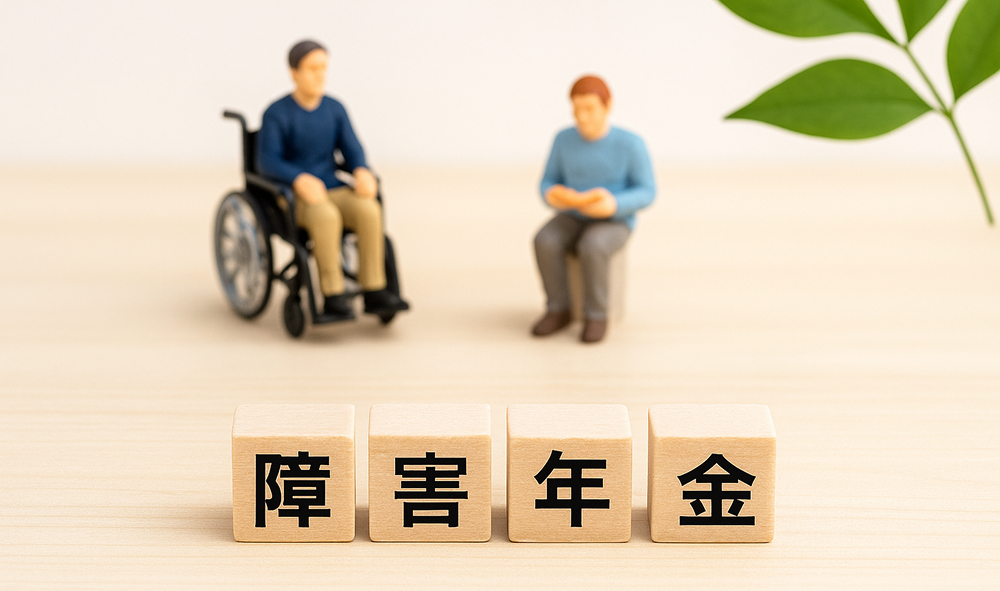 障害年金の４文字のウッドブロックとミニチュア人物