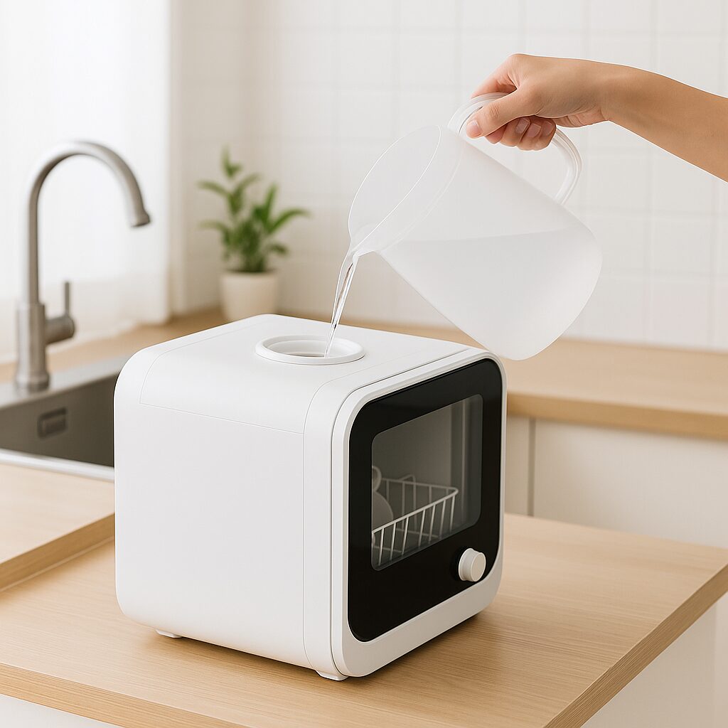 キッチンでタンク式の卓上食器洗い乾燥機に水を注ぐ様子。工事不要で置き型として使えるモデル。