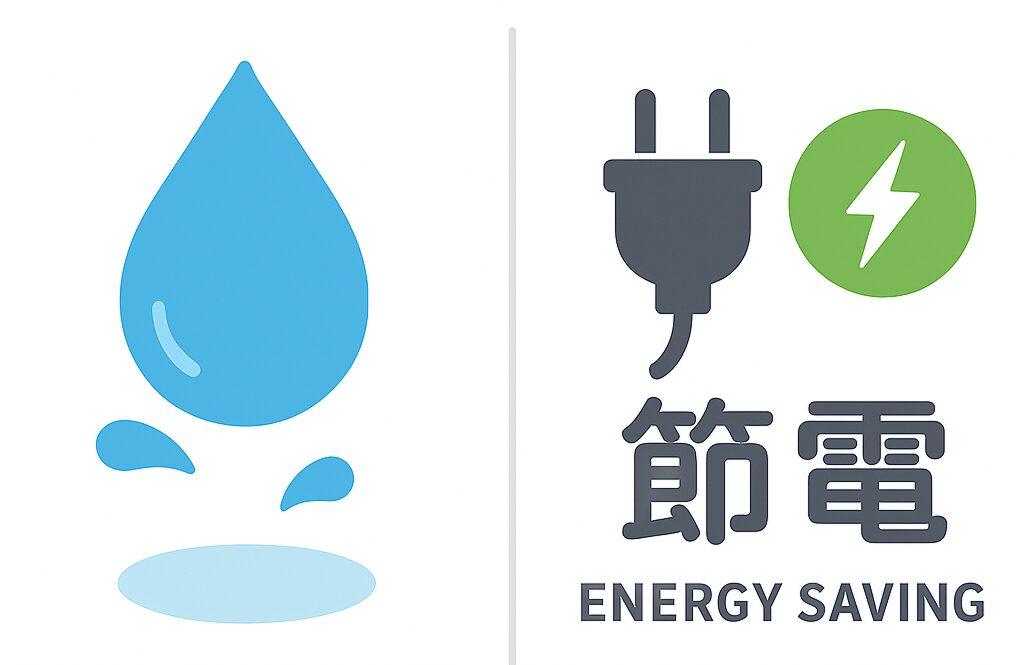 水滴と節電マークのアイコン。青い水滴は節水を、黒いプラグと緑の稲妻マークは省エネ・節電を表す。