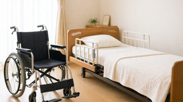 在宅介護室に置かれた車椅子と介護ベッド