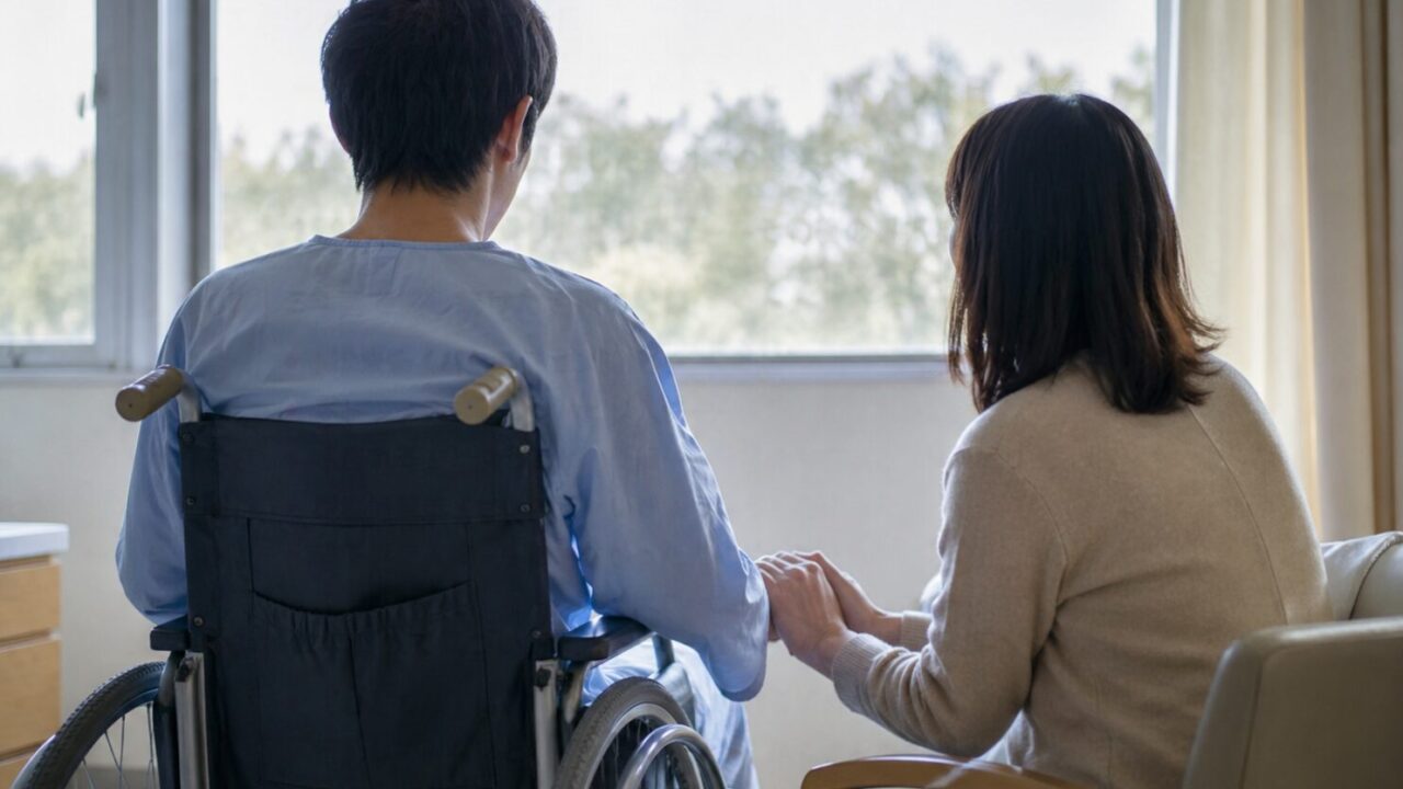 病院の窓辺で車椅子の夫の手を握り、寄り添う妻の後ろ姿
