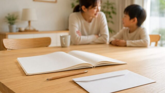 学習支援制度をイメージした封筒と学習ノート、穏やかに話す親子